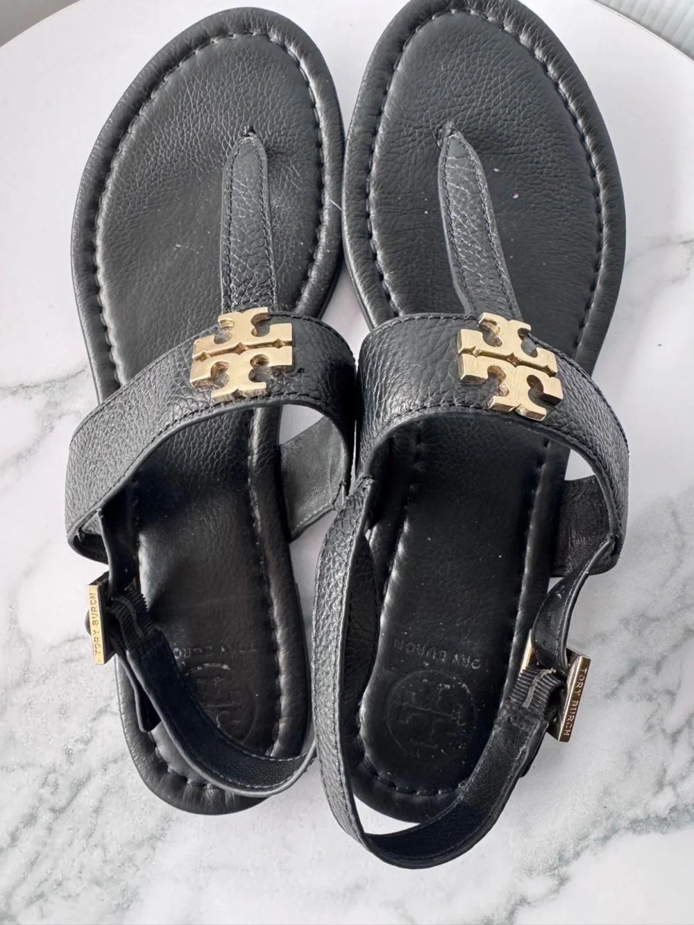 Tory Burch Black Leather Logo Thong Sandal with Gold Emblem